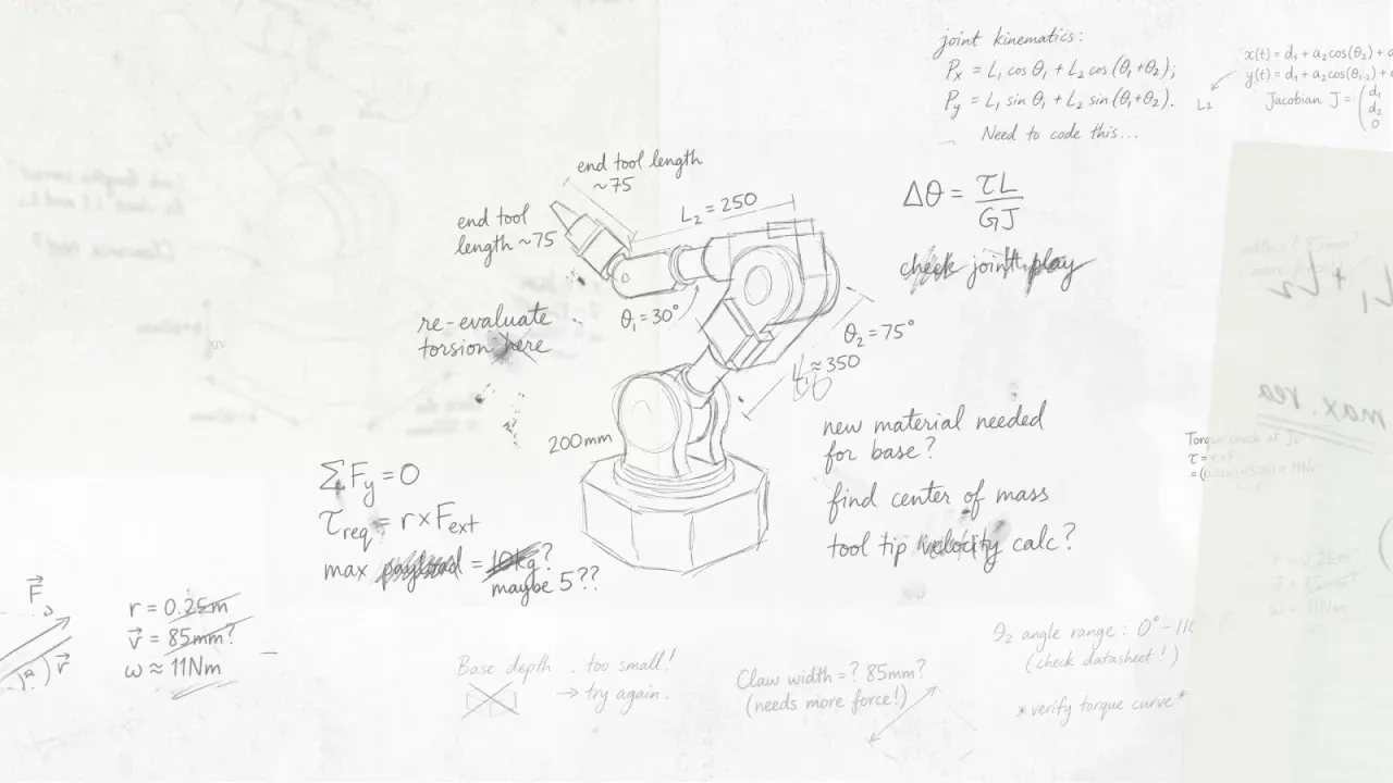 The studio’s pencil sketch of the robot arm with engineering notes.