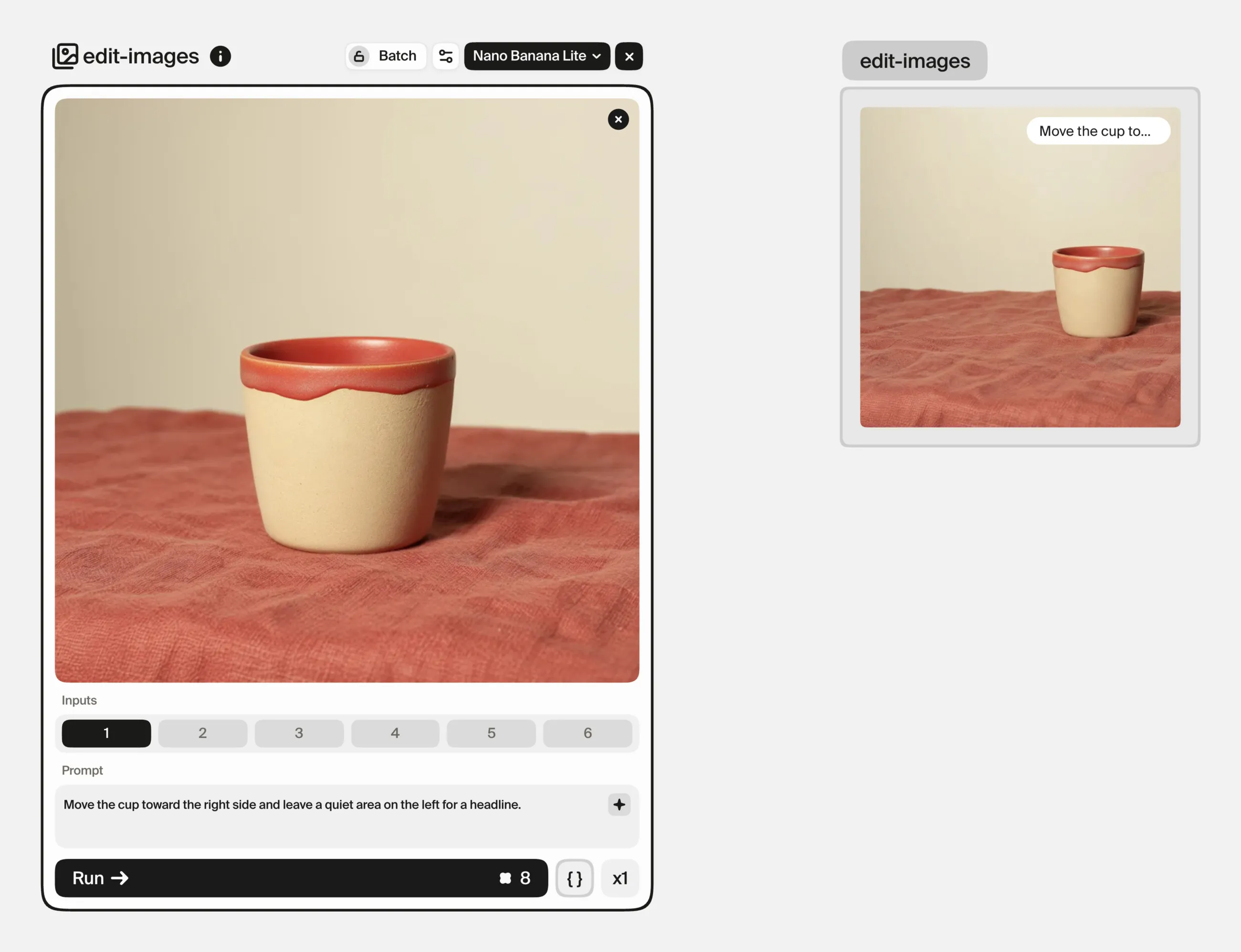 The edit-images card holding the cream and orange cup with the instruction to move the cup right and leave a quiet area on the left, beside the result, with the cup moved right of centre.