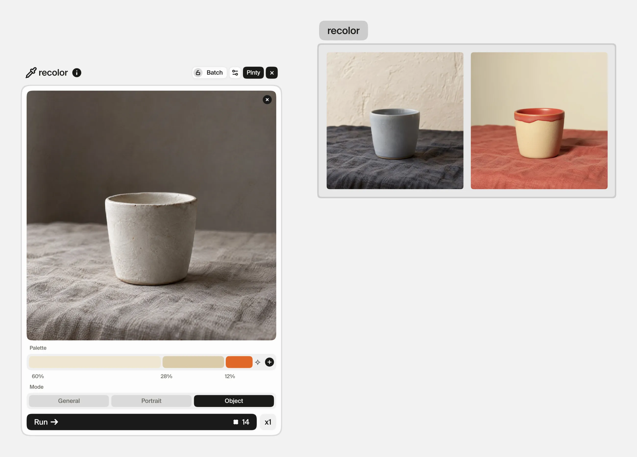 The recolor card with a palette of 60% cream, 28% oat and 12% orange in Object mode, beside a frame holding a cool blue-grey version of the cup and a cream cup with an orange rim on an orange cloth.