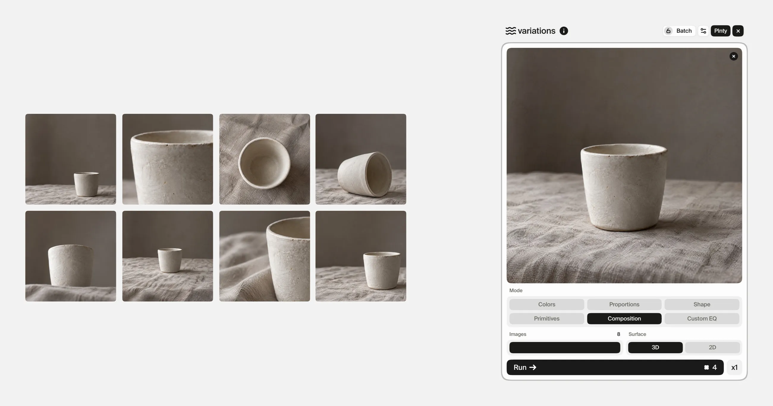 Eight composition studies of the styled cup, wide, close, top-down and tilted, beside the variations card set to Composition mode.