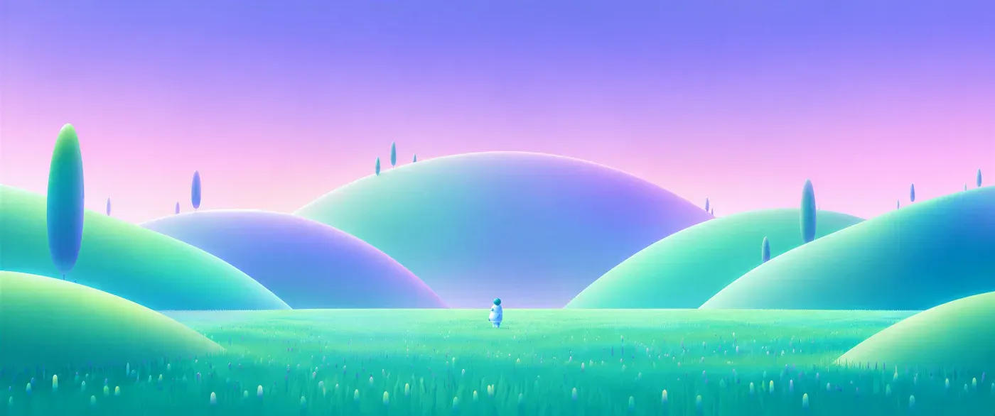 The opening world's rolling teal hills under a lilac sky.