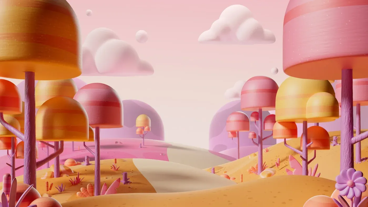 A warm clay landscape of mushroom-shaped trees and soft clouds, made for Microsoft Teams.