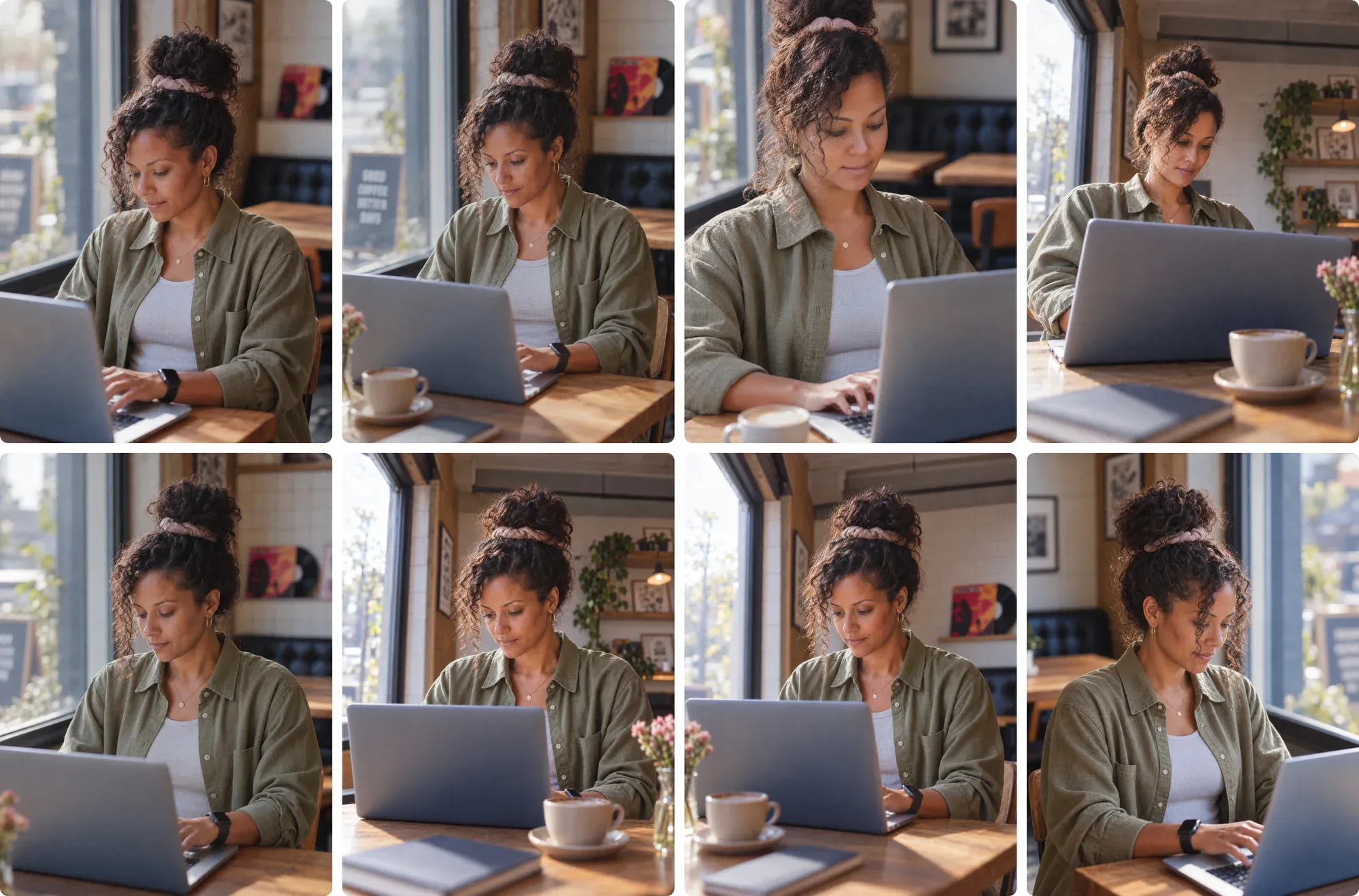 Eight pictures in a grid of the same woman working on a laptop in a cafe, each from a different camera angle.