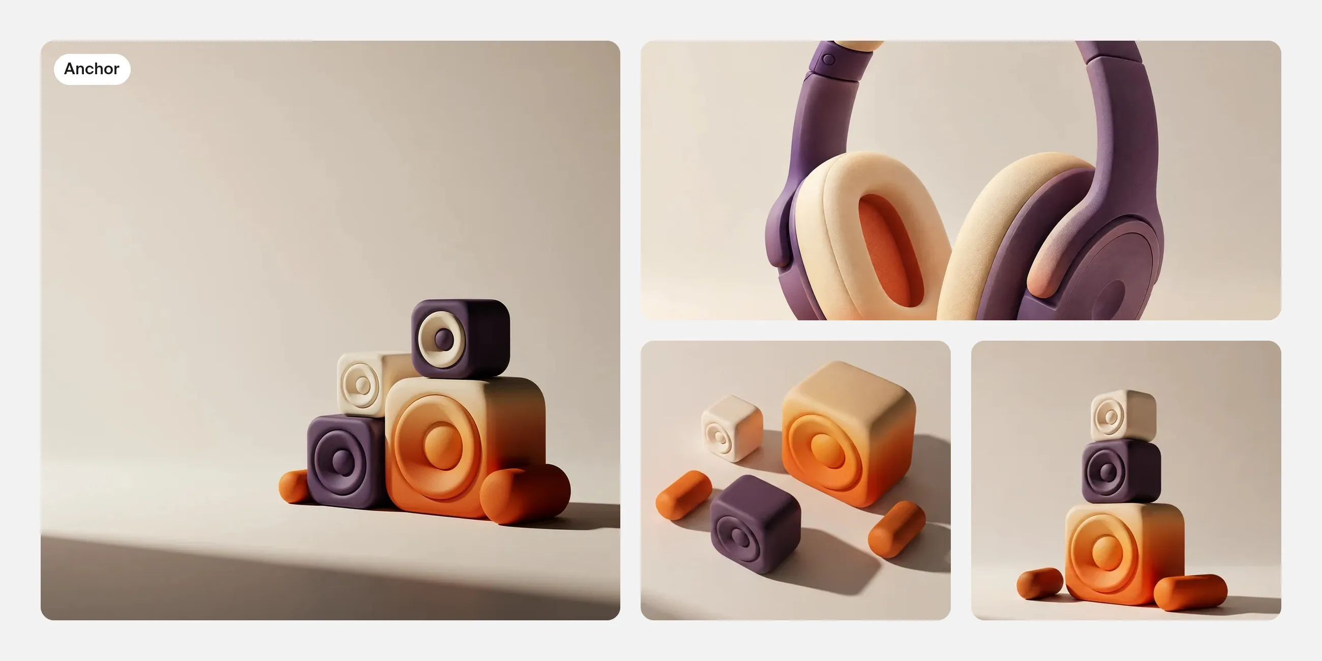 The approved anchor image, rounded violet, cream and orange speaker forms in soft side light on a cream background, beside three images from the same set: violet and cream headphones, scattered speaker forms and a stacked tower.