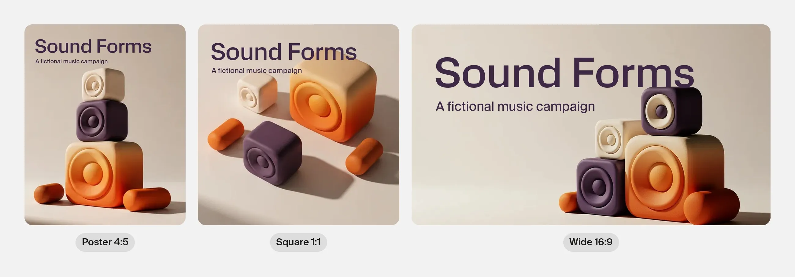 The set in three layouts under the headline Sound Forms: a 4:5 poster of the stacked tower, a square of the scattered forms and a wide banner of the anchor.