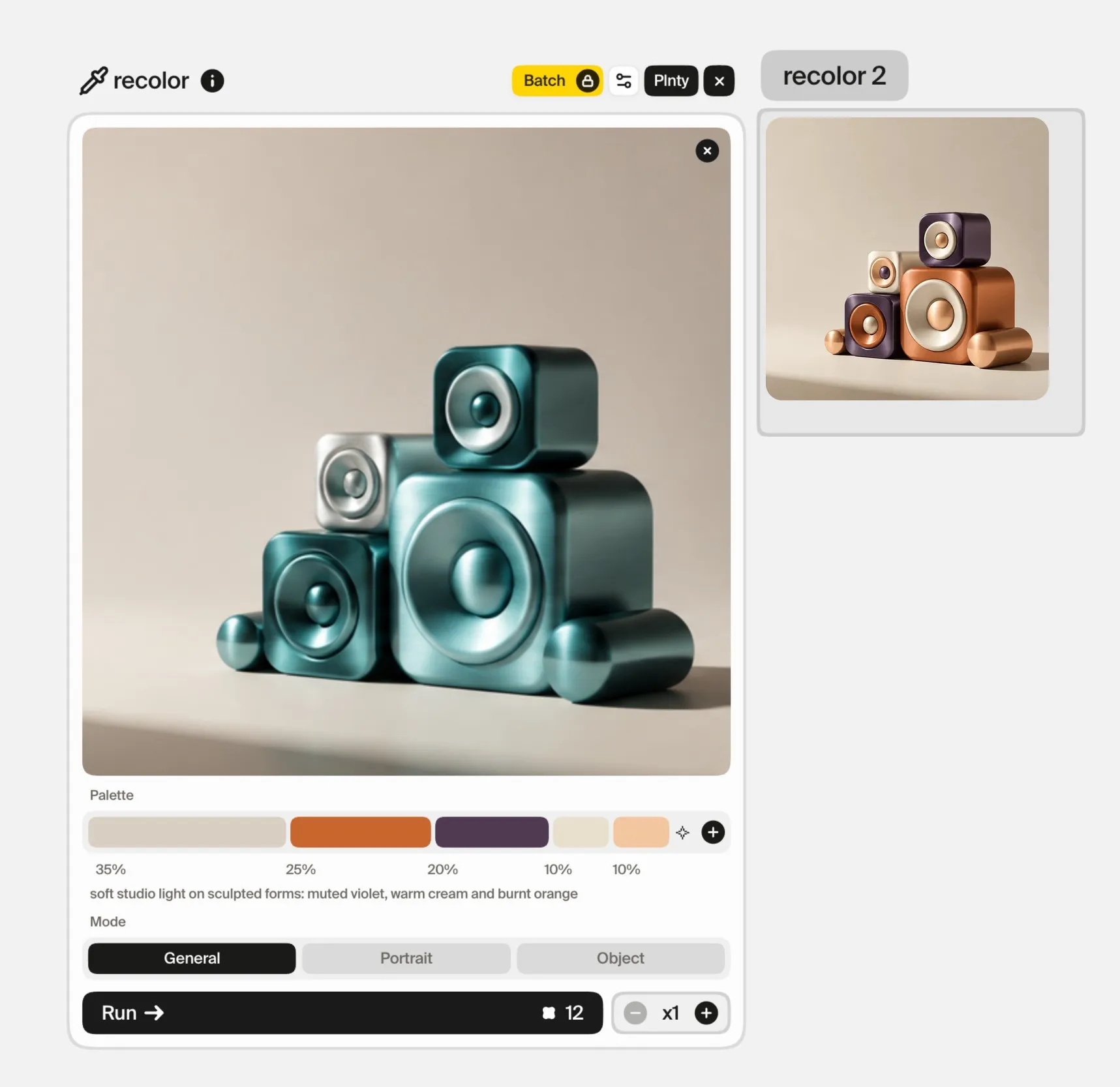 The recolor card holding a drifted version of the speaker set in metallic teal, with a palette set from the anchor: warm cream 35%, burnt orange 25%, violet 20%, light cream 10% and peach 10%, beside the result in violet, orange and cream.