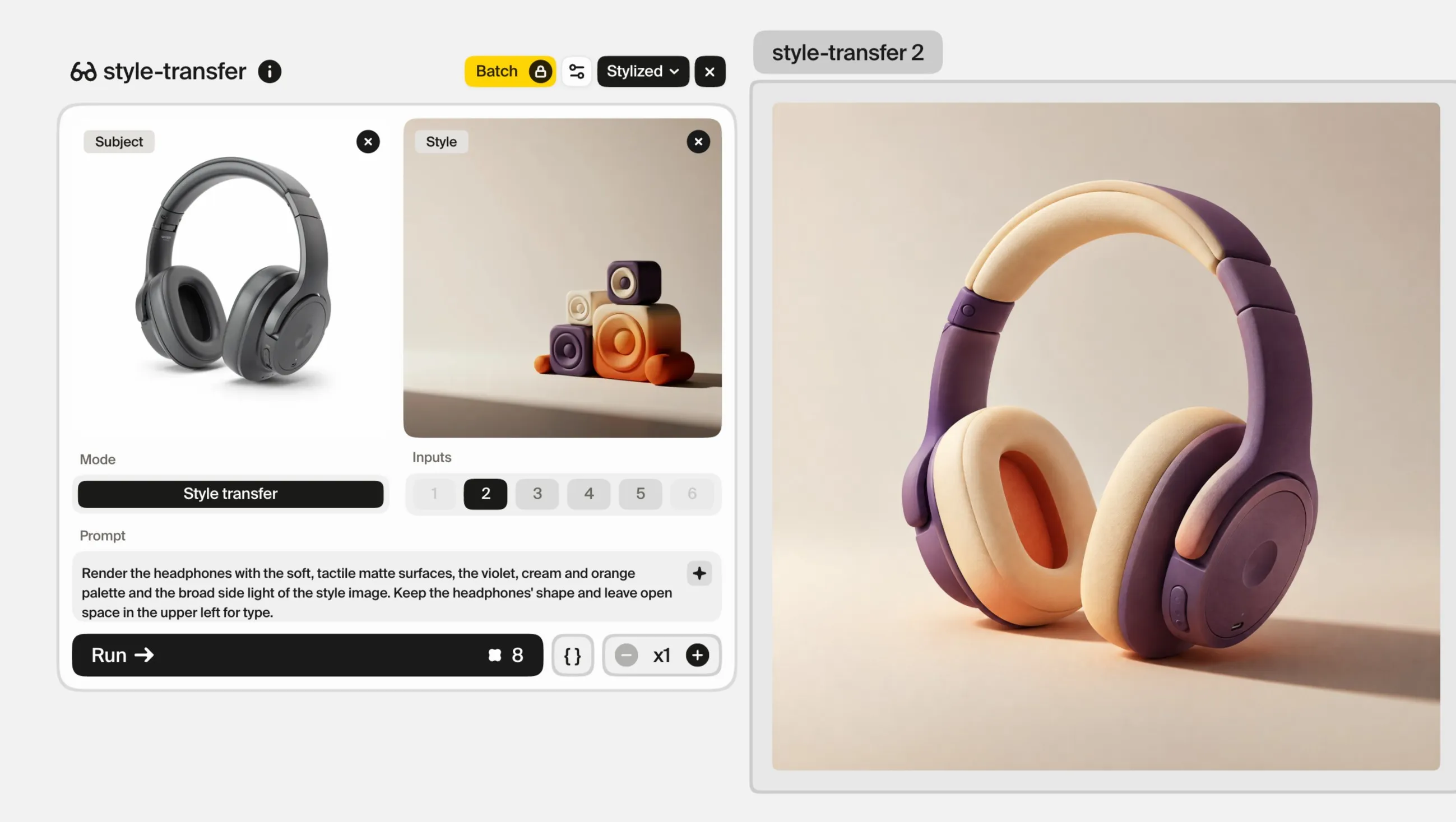 The style-transfer card with grey headphones as Subject, a violet and orange speaker image as Style, and a prompt asking for soft matte surfaces in the violet, cream and orange palette, beside the result: the headphones in violet and cream.
