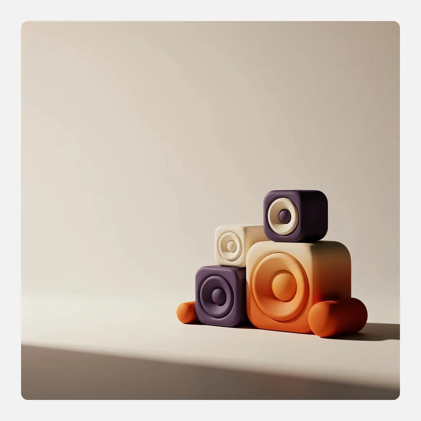 Rounded sculptural speaker forms in violet, cream and orange, stacked low in the lower right of a clean cream background, in soft side light.