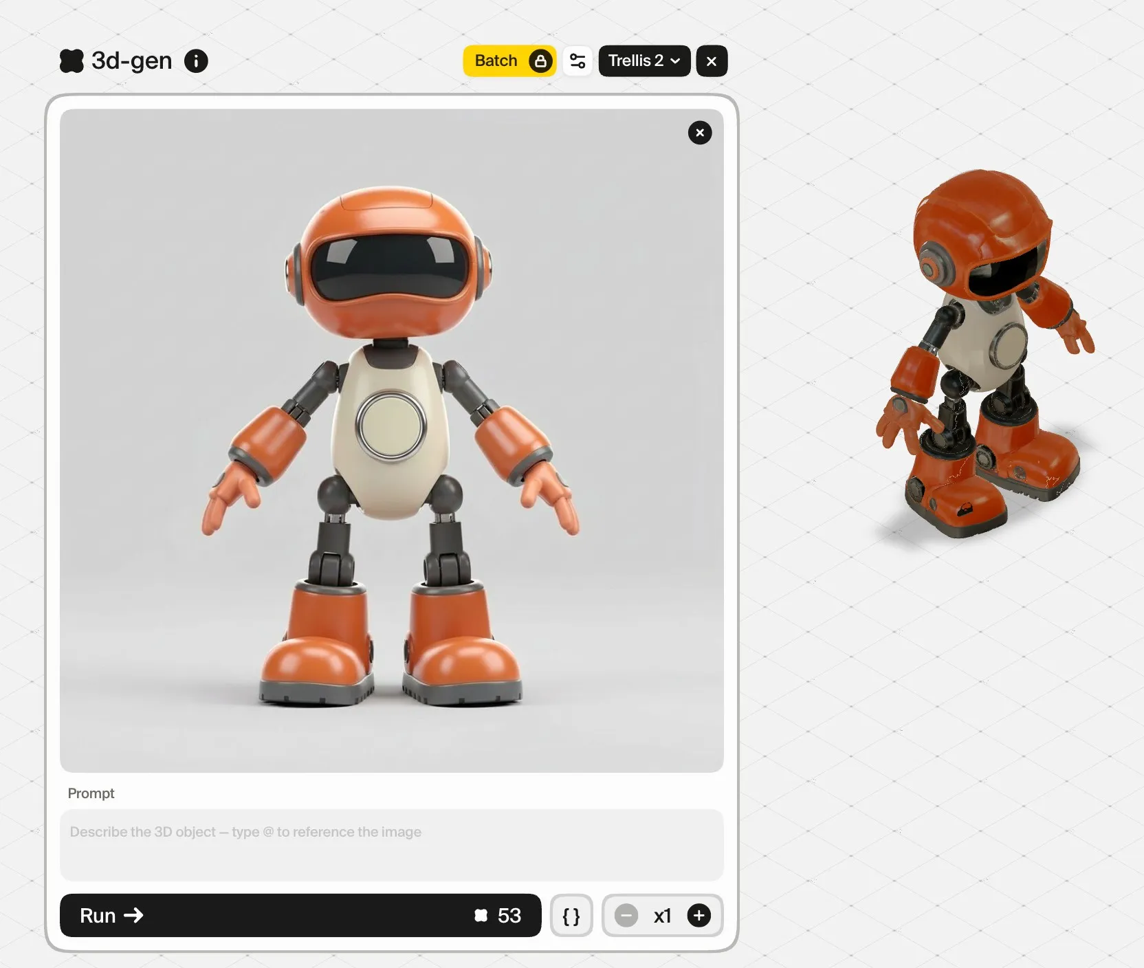 The 3d-gen card on Trellis 2 holding the prepared robot image, beside the textured 3D model it made, standing on the canvas grid.