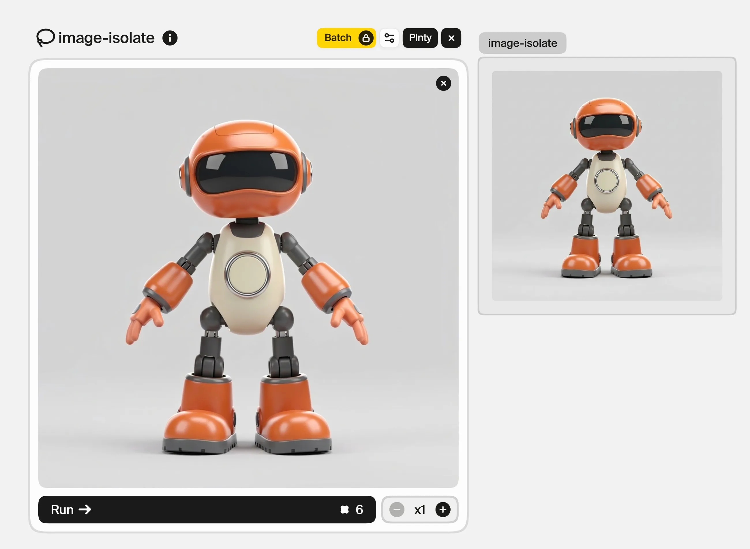 The image-isolate card holding the robot image, beside its output: the same robot, smaller and centred on a plain light background.