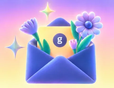 A departure: a blue envelope with purple flowers.