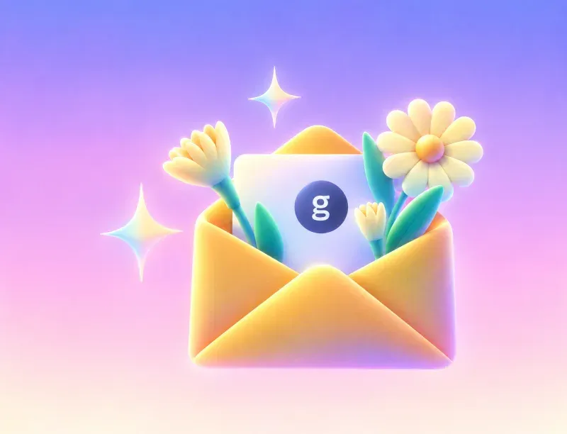 The envelope restyled in soft 3D, a card marked g and yellow flowers rising from it.