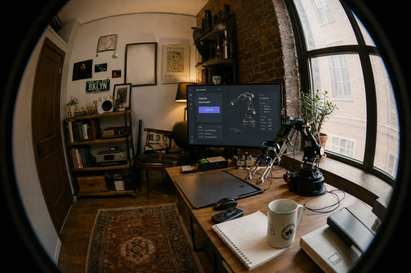 A workshop with a robot arm on the desk and a monitor, seen through a fisheye lens.