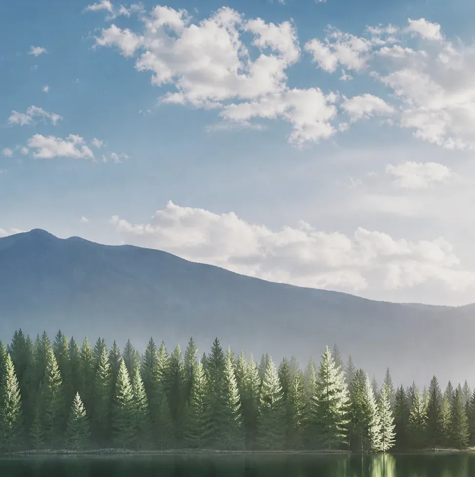 A mountain under a sky of soft clouds, a line of pines along its foot.