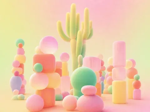 A pastel desert of cactus and rounded blocks.