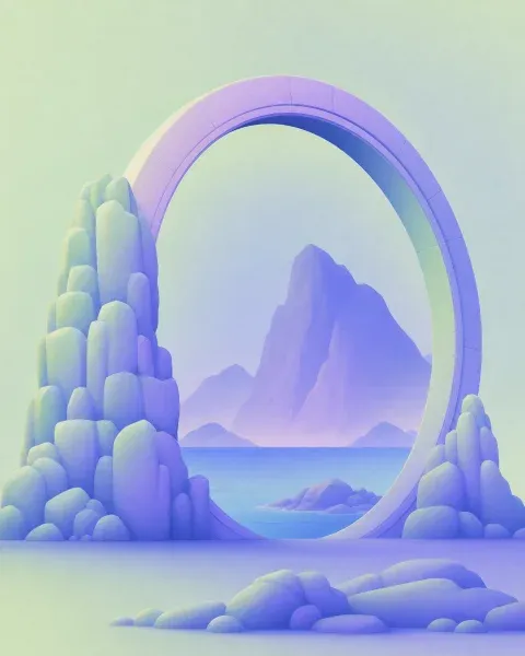 The ring restyled in lilac, an ocean and mountains inside it.