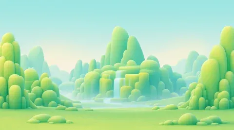 The green world without the ring: hills, a lake and a waterfall.