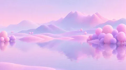 The lilac lake made bigger, with reflections.