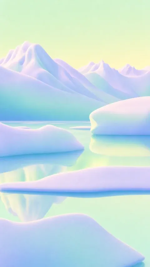 Icy shelves on a pale blue lake.