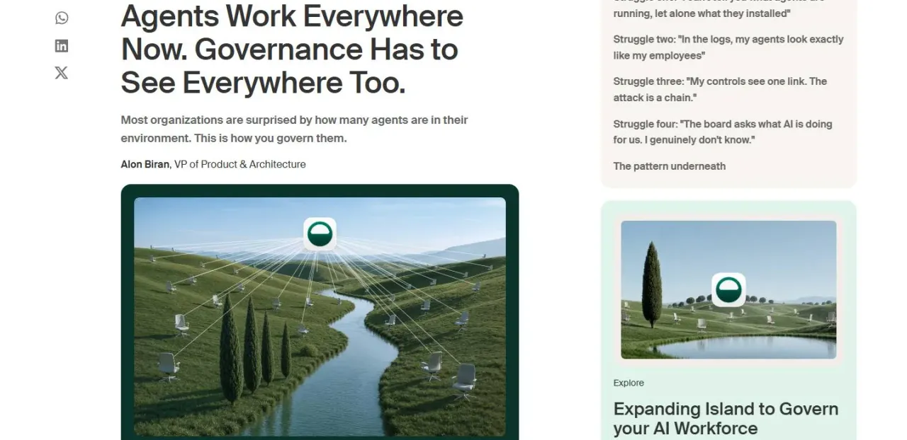 Agents Work Everywhere Now, Island's blog post of 25 August, its cover a river winding through green hills and cypresses.