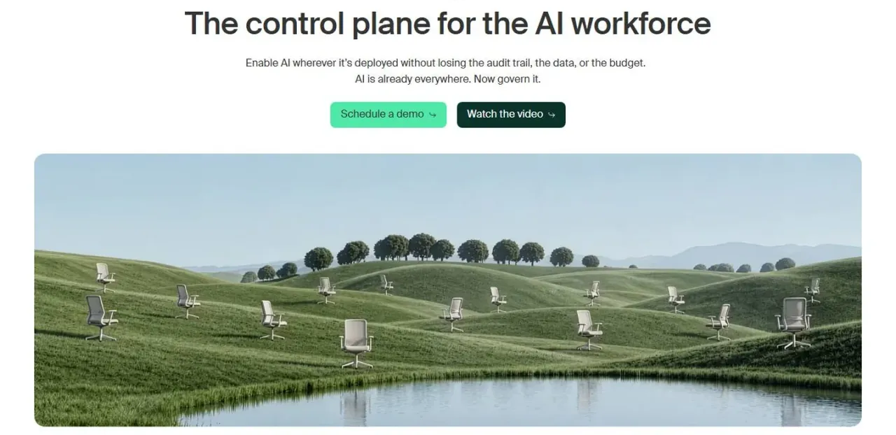 island.io/ai: The control plane for the AI workforce, over the landscape of green hills and office chairs.