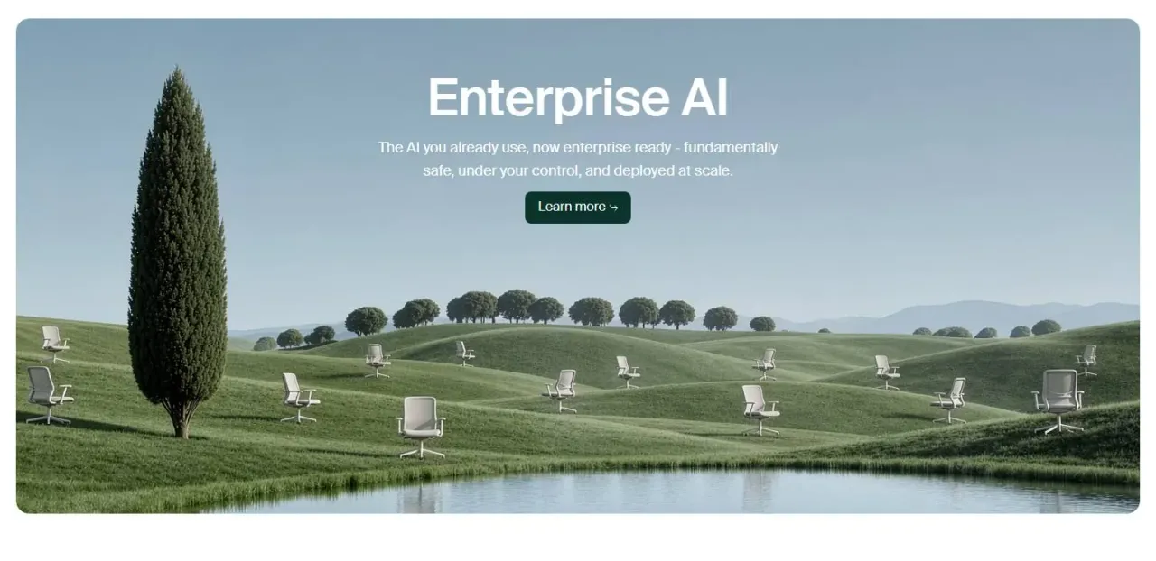 island.io's home page: the Enterprise AI tile, a cypress on green hills with white office chairs scattered over them.