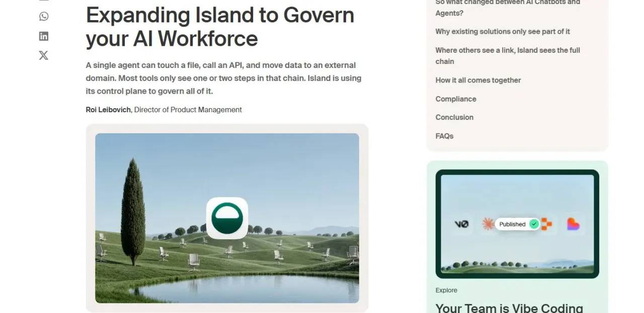 Expanding Island to Govern your AI Workforce, Island's blog post of 3 August, its cover the cypress landscape with the Island mark.