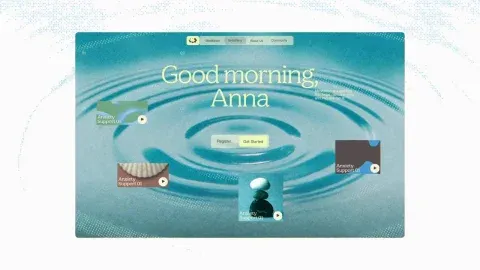 An app’s home screen over rippling water, Good Morning Anna across it.