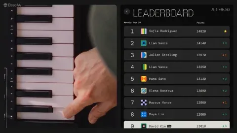 A hand on a piano keyboard beside a leaderboard of players.