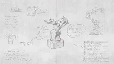 A pencil sketch of a robot arm with handwritten engineering notes.