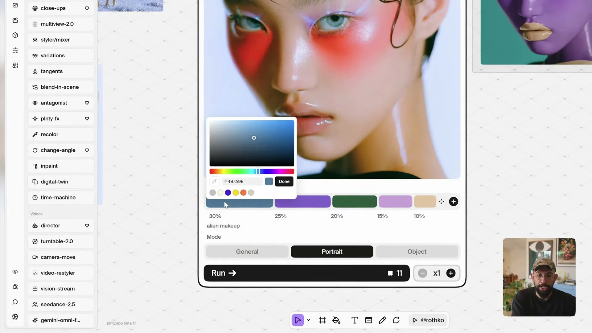 A color picker open over the first swatch of the portrait palette in Recolor, set to a muted blue.