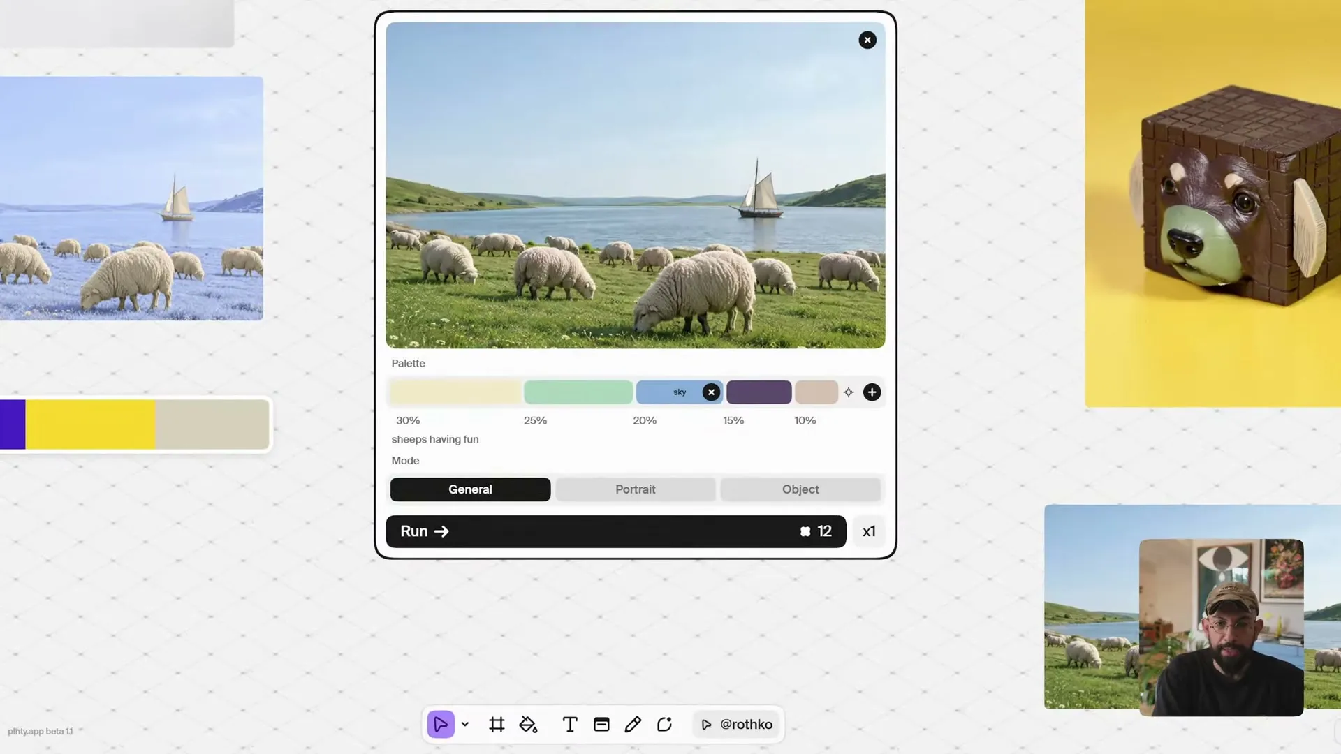 Recolor with a photo of sheep grazing beside a lake with a sailboat, a five-colour palette with one swatch named “sky”, and General mode selected.