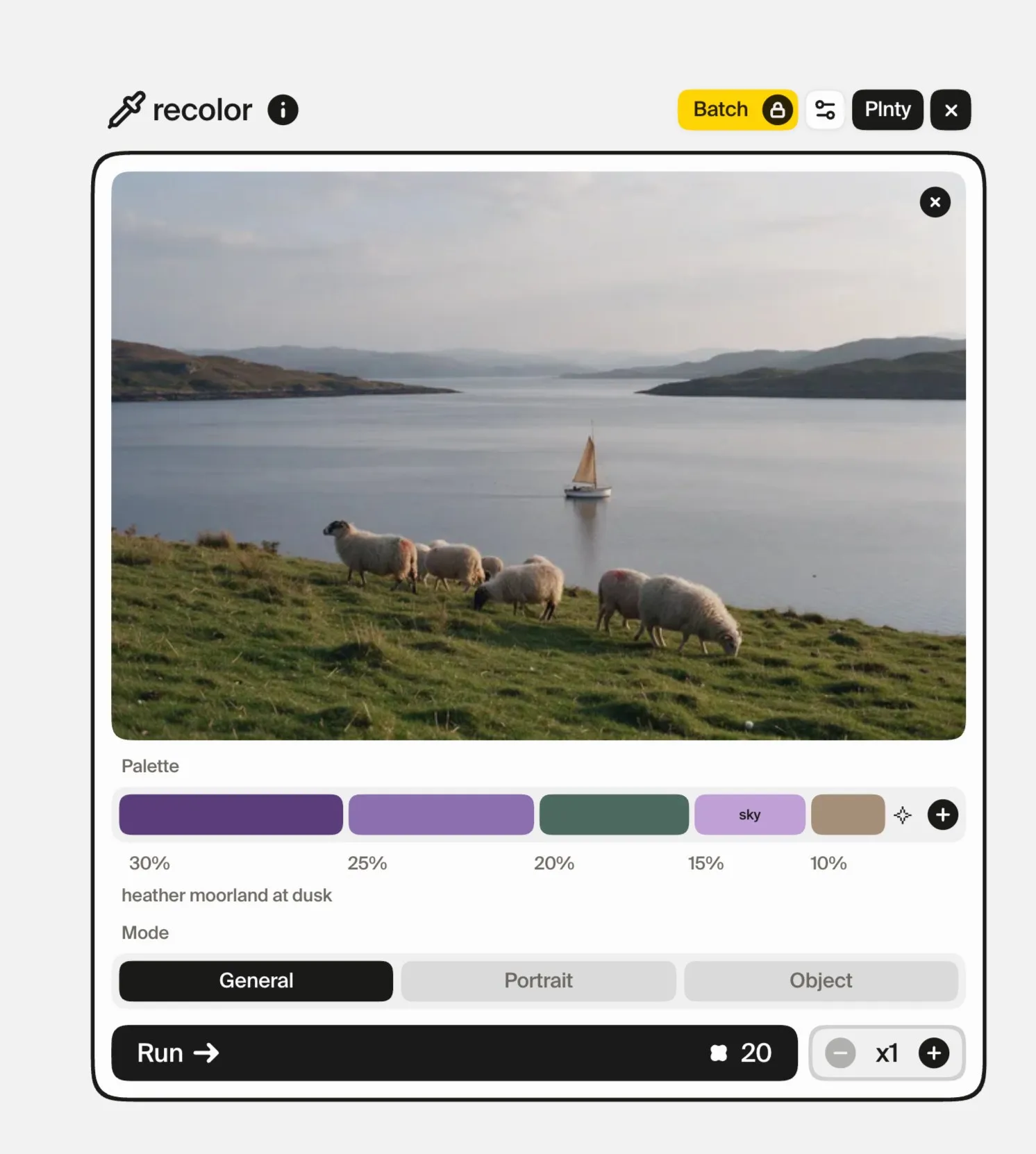 The recolor card with a photo of sheep grazing on a slope above a sea loch with a small sailboat, a five-colour palette written from the words “heather moorland at dusk” with its lilac swatch named “sky”, and General mode selected.