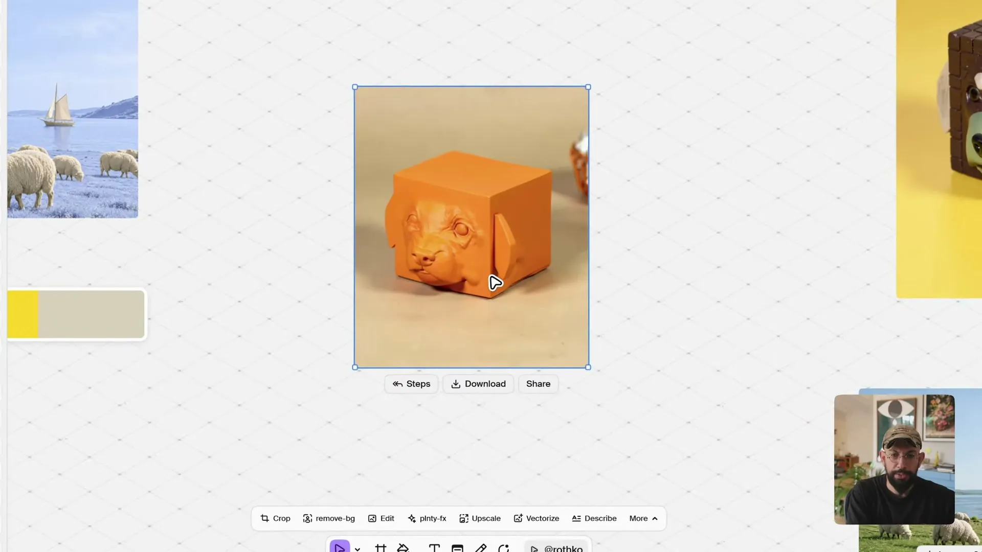 The recolored cube-shaped dog on the Plnty canvas, now a warm orange against a light beige background.
