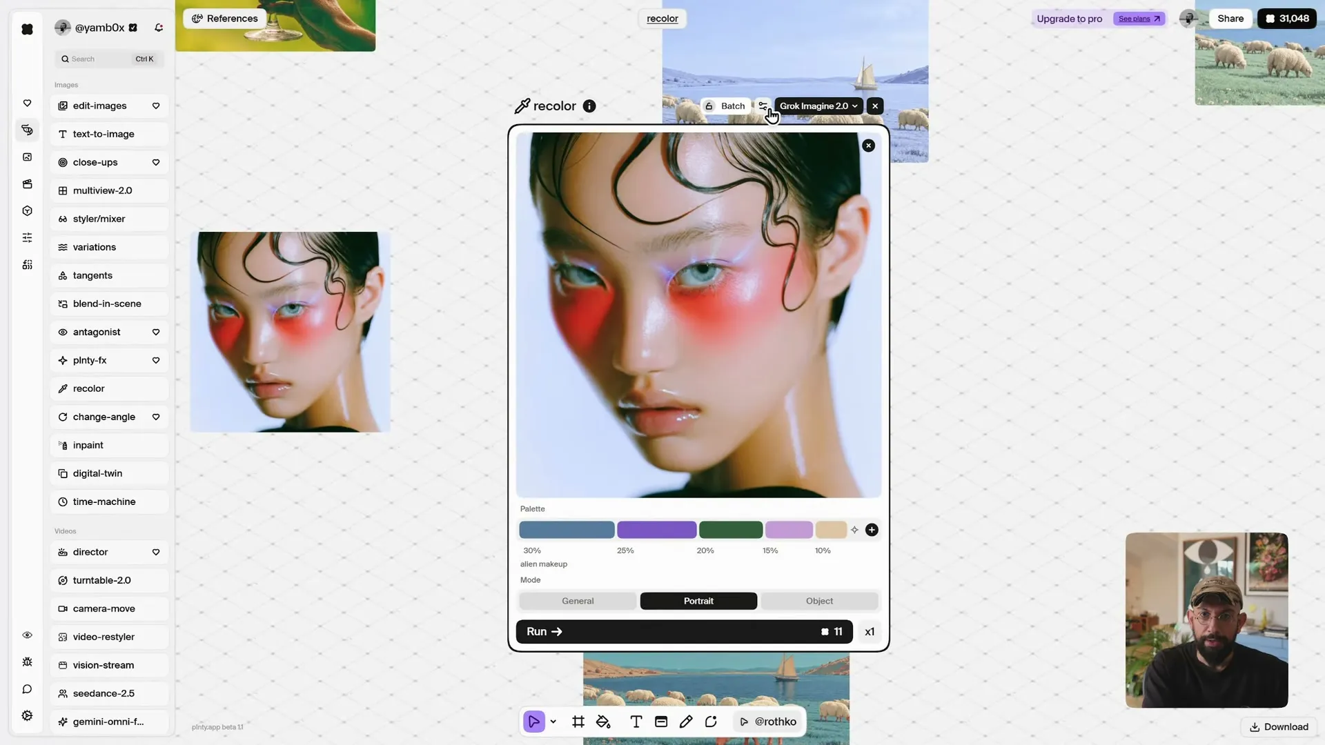 Recolor with a close-up portrait wearing bright red blush, a palette of blue, purple, green, lilac and beige described as “alien makeup”, and Portrait mode selected.