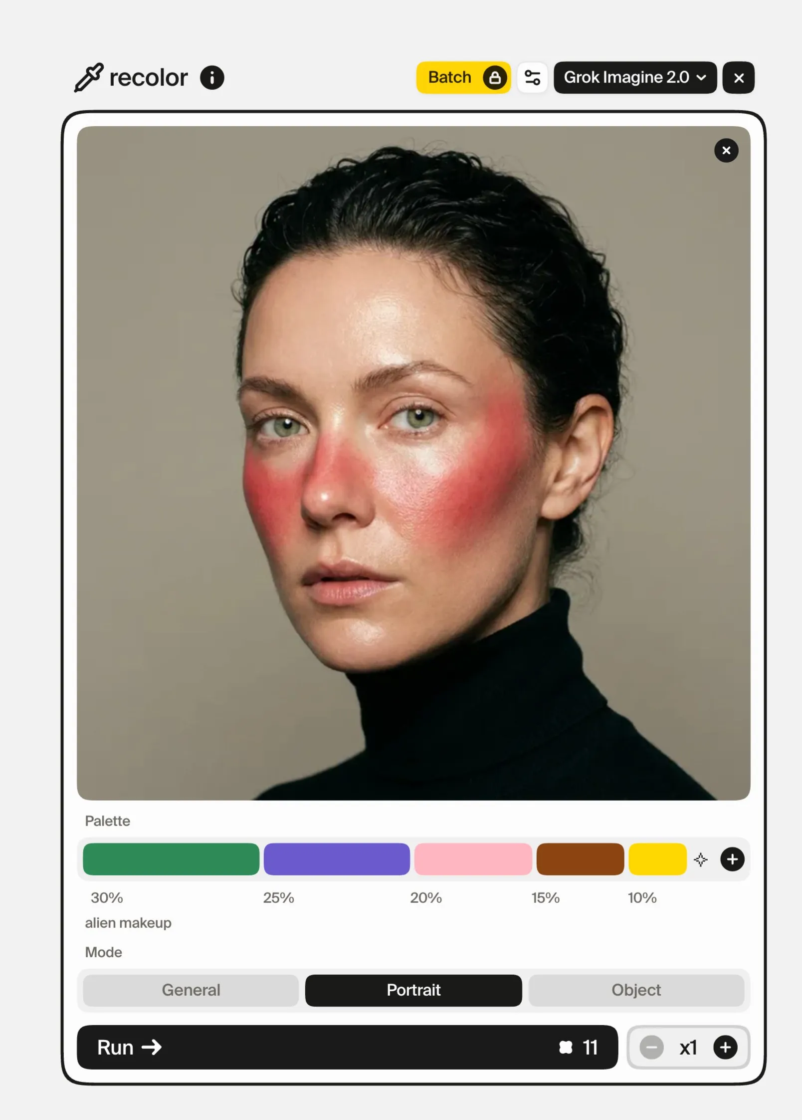 The recolor card with a close-up portrait wearing bright red blush and a black turtleneck, a palette of green, violet, pink, brown and yellow written from the words “alien makeup”, Portrait mode selected and Grok Imagine 2.0 as the model.