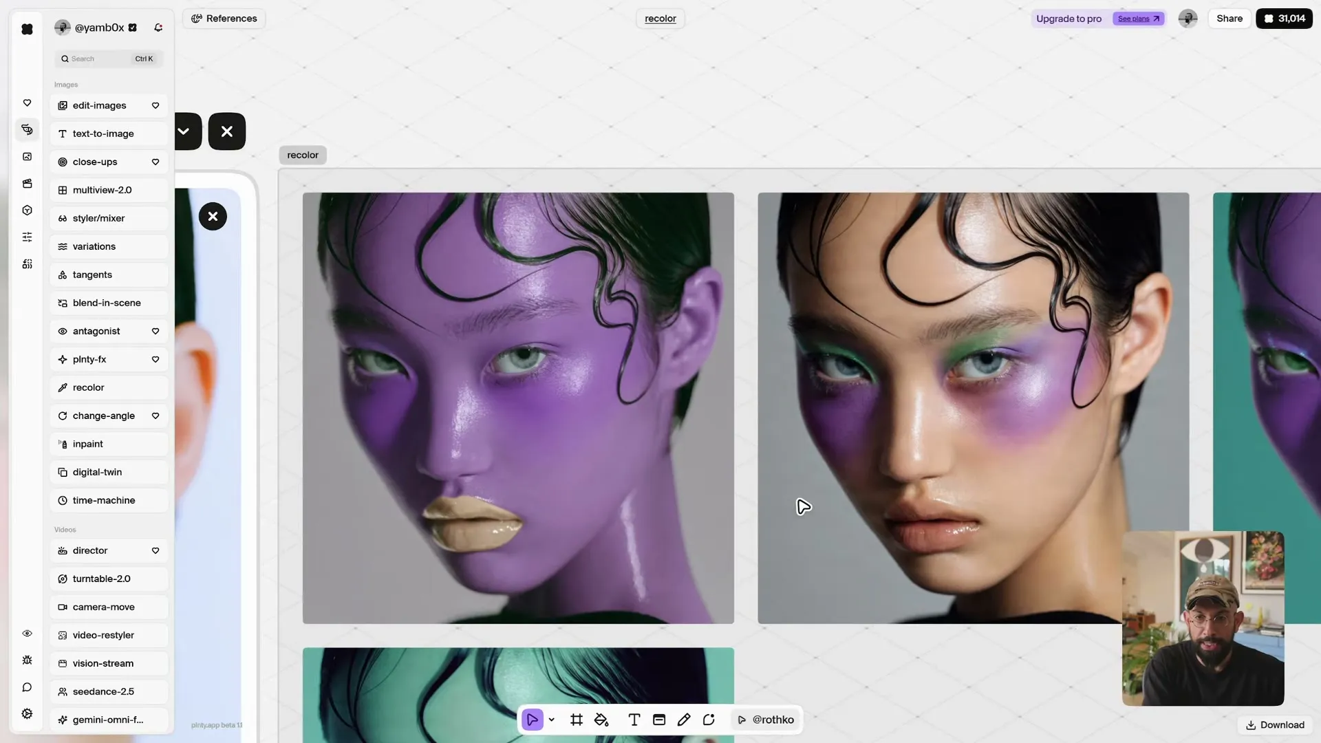 Two recolored versions of the portrait side by side, one with most of the face turned purple, the other with purple and green concentrated around the eyes and cheeks.