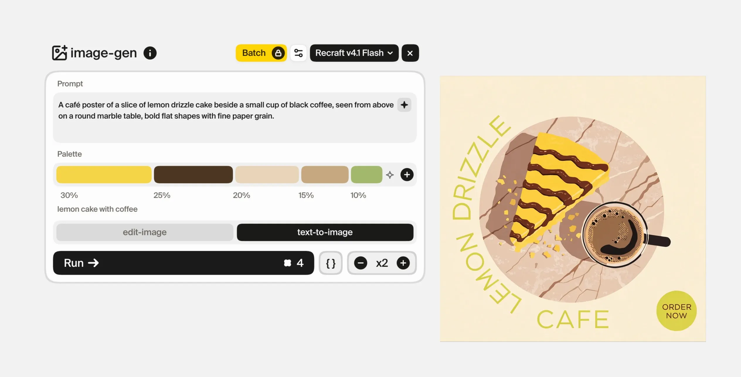 The image-gen card in text-to-image mode with Recraft v4.1 Flash, a café poster prompt and a Palette field of lemon yellow, coffee brown, cream, tan and sage written from “lemon cake with coffee”, beside the poster it made in those colors.