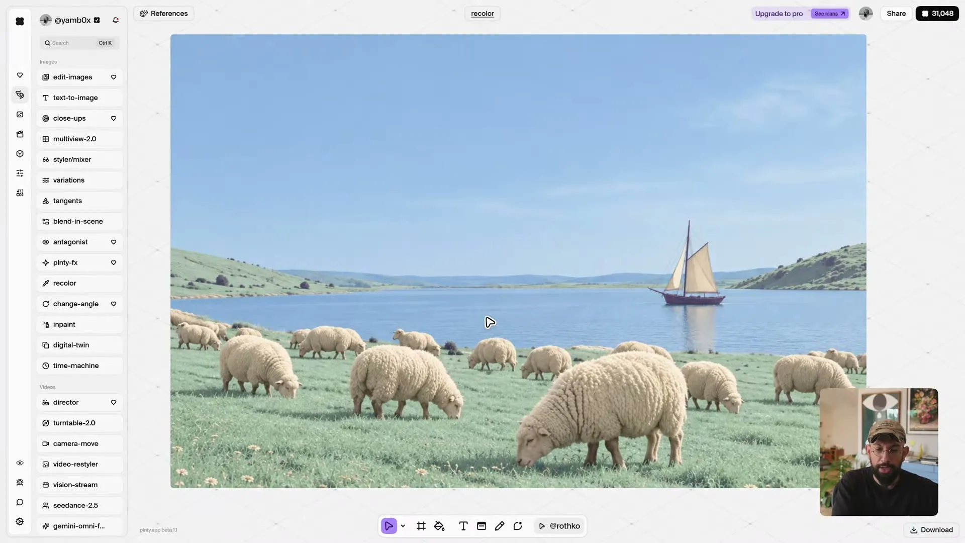 A photo of sheep grazing beside a lake with a sailboat, open on the Plnty canvas.