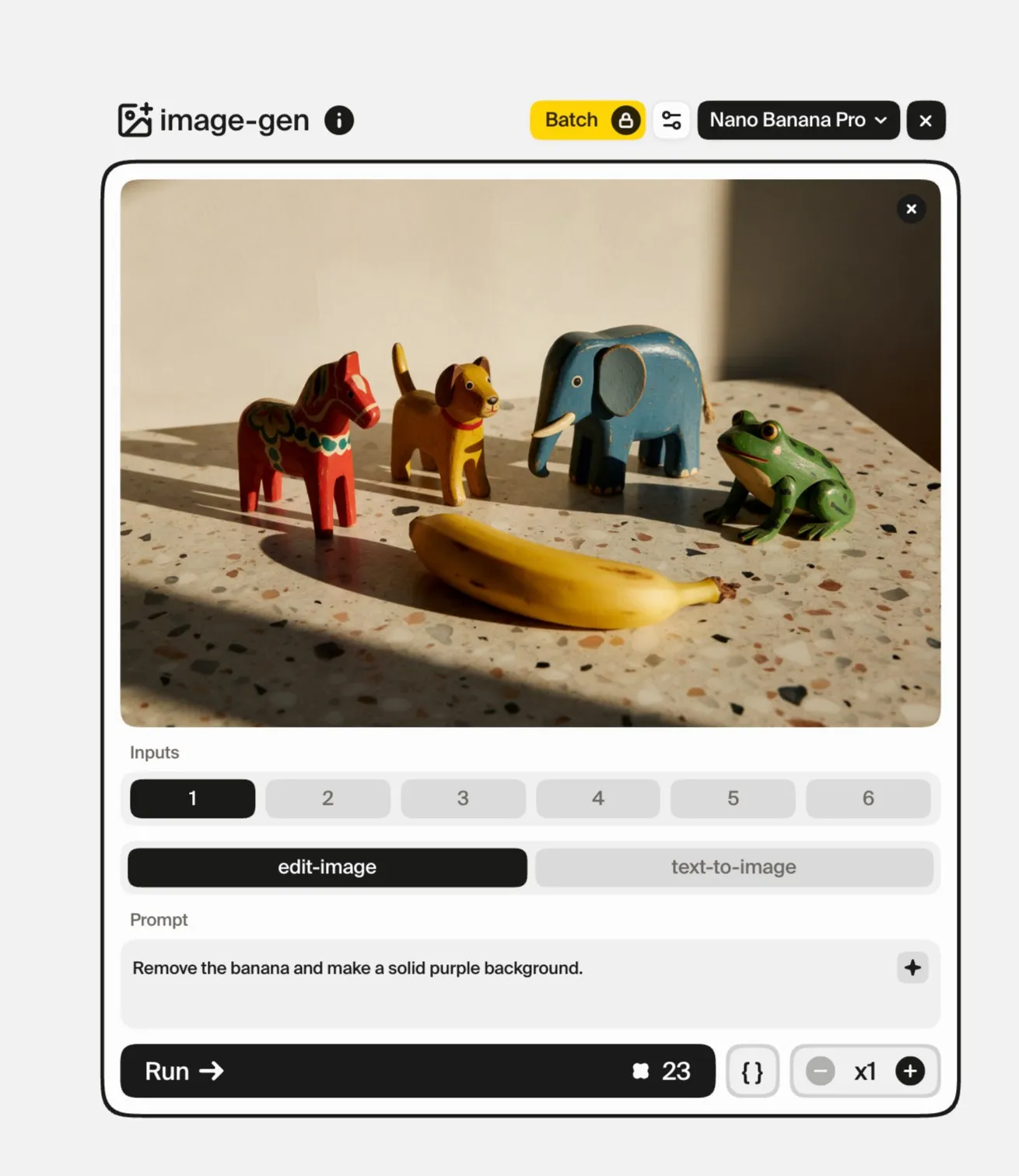 The image-gen card in Plnty set to edit-image, holding a photo of four painted wooden toy animals on a terrazzo table with a banana in front, and the instruction “Remove the banana and make a solid purple background.”