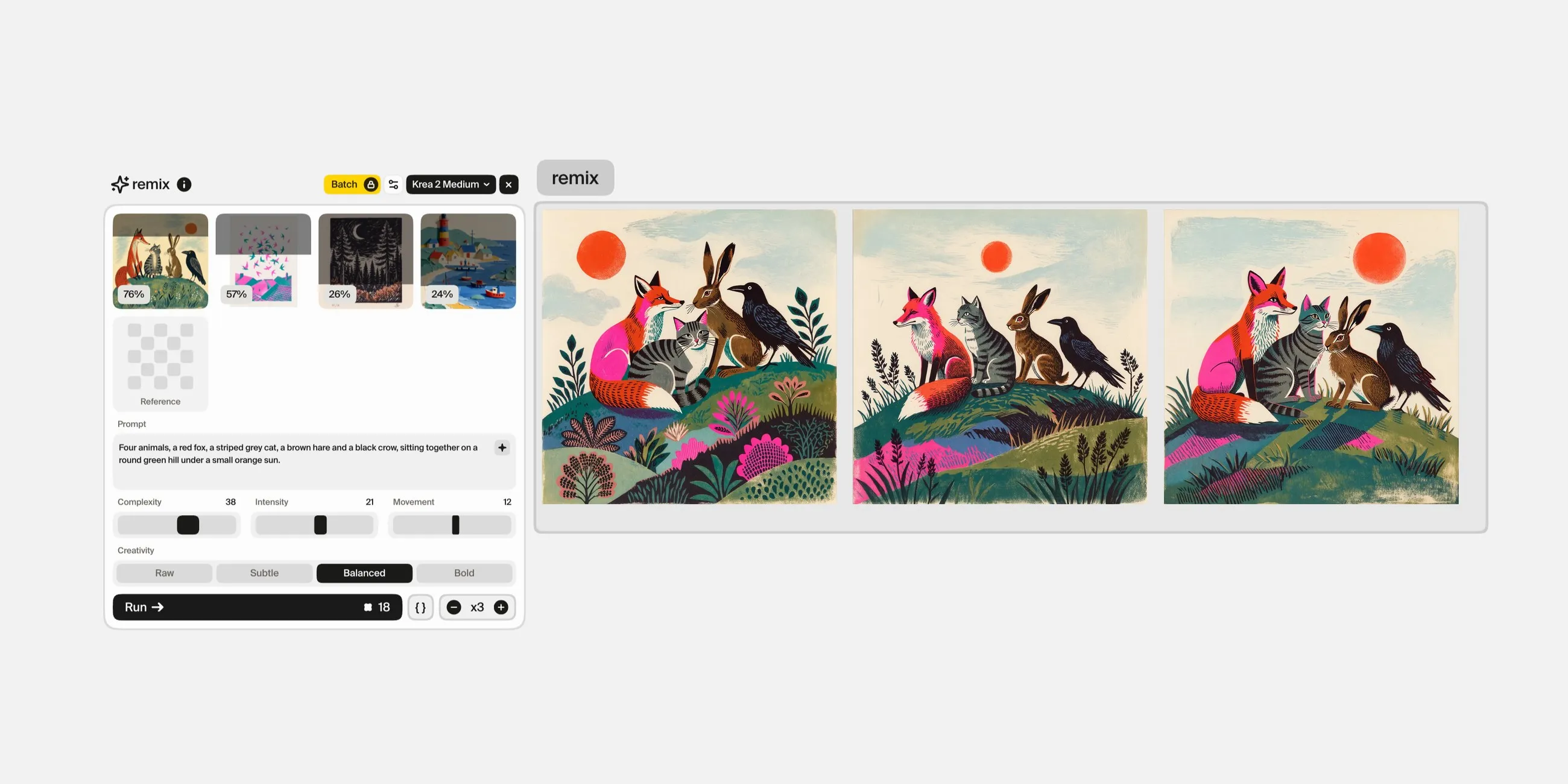 The remix card in Plnty with four weighted references, a picture-book illustration of a fox, a cat, a hare and a crow, a risograph print, a linocut and a cut-paper collage, above a short prompt and the Complexity, Intensity, Movement and Creativity controls, beside three versions it generated.