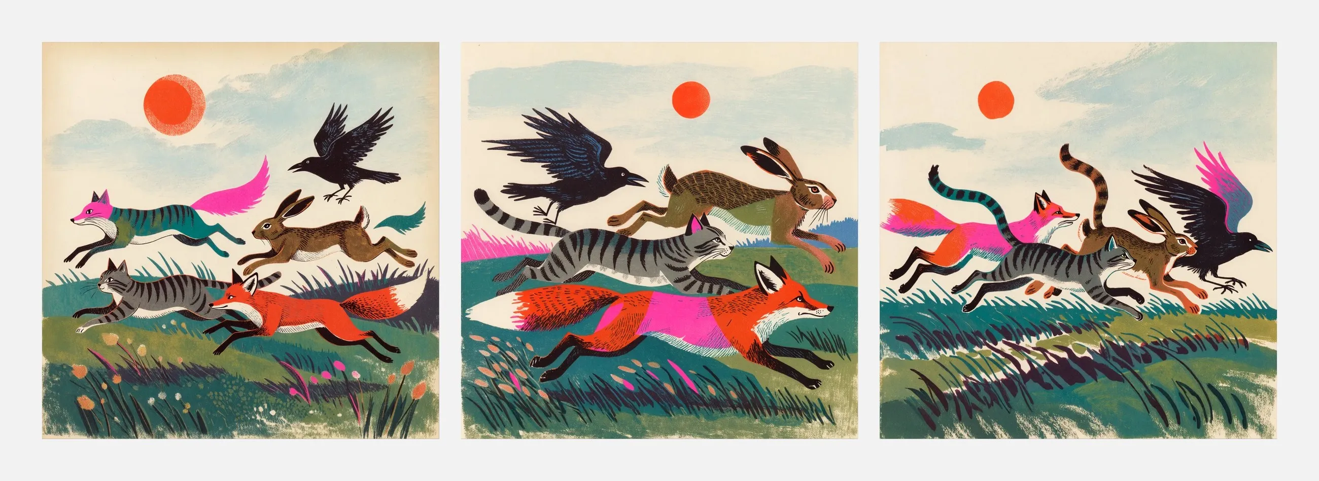 Three illustrations generated by remix on the Plnty canvas, the fox, cat, hare and crow running across a green field under an orange sun, each with different poses, grain and pink accents.