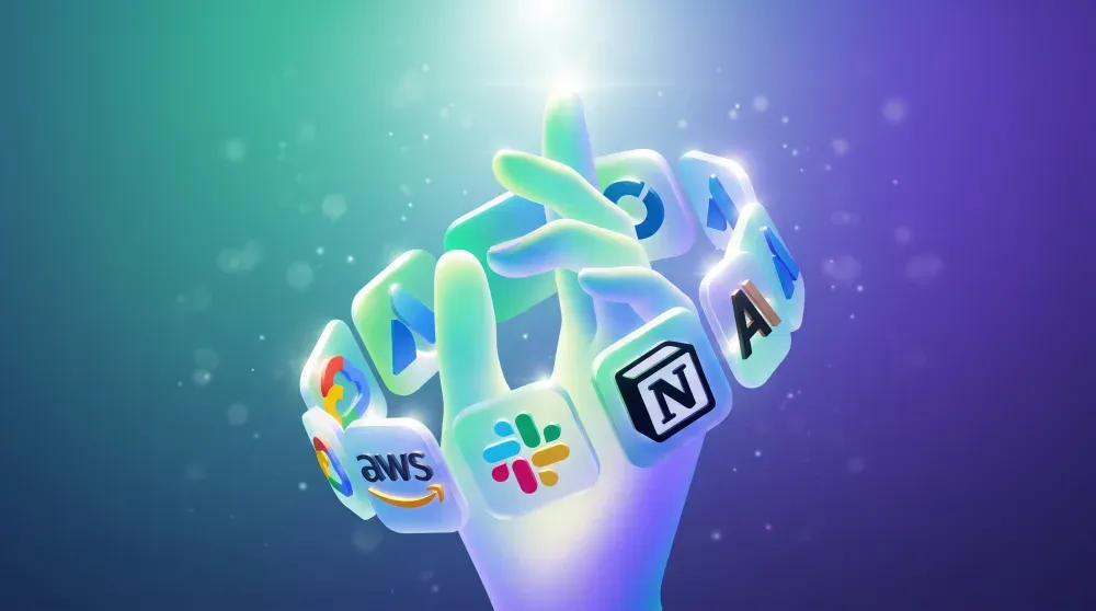 A glowing hand holding app logo blocks against a deep blue background.