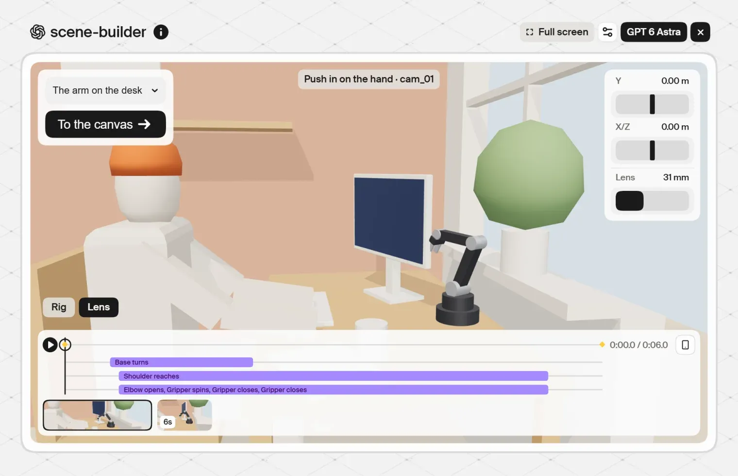 The scene-builder card holding the desk set, a clay figure in an orange beanie at a monitor with the robot arm beside it, the arm’s moves on the timeline and the To the canvas button.