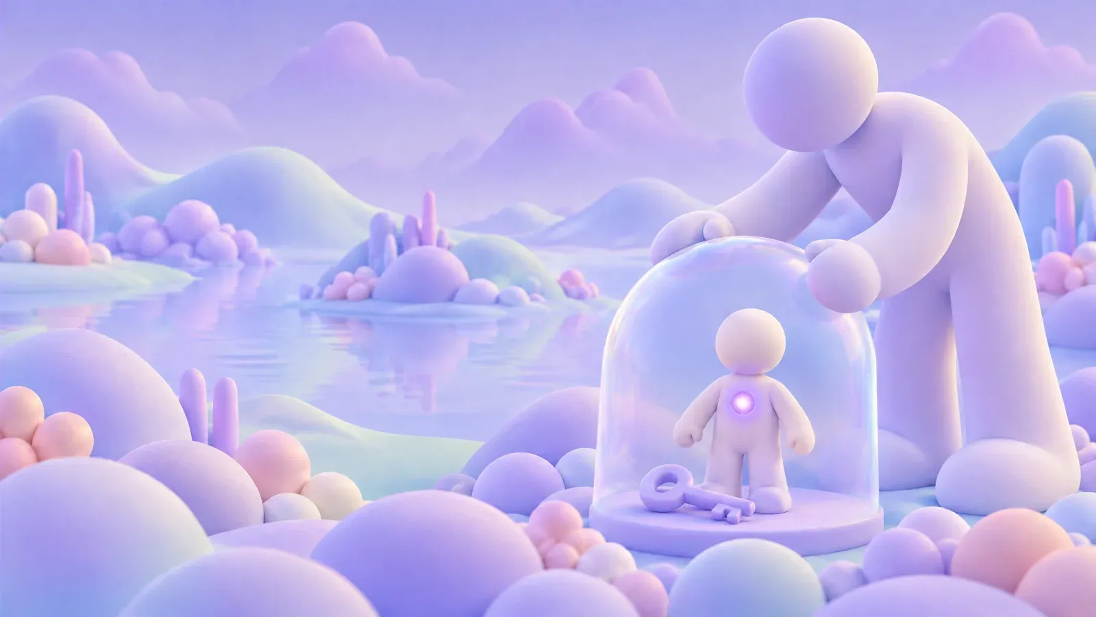 A figure lifting a glass dome off a smaller figure, in a lilac lake world.