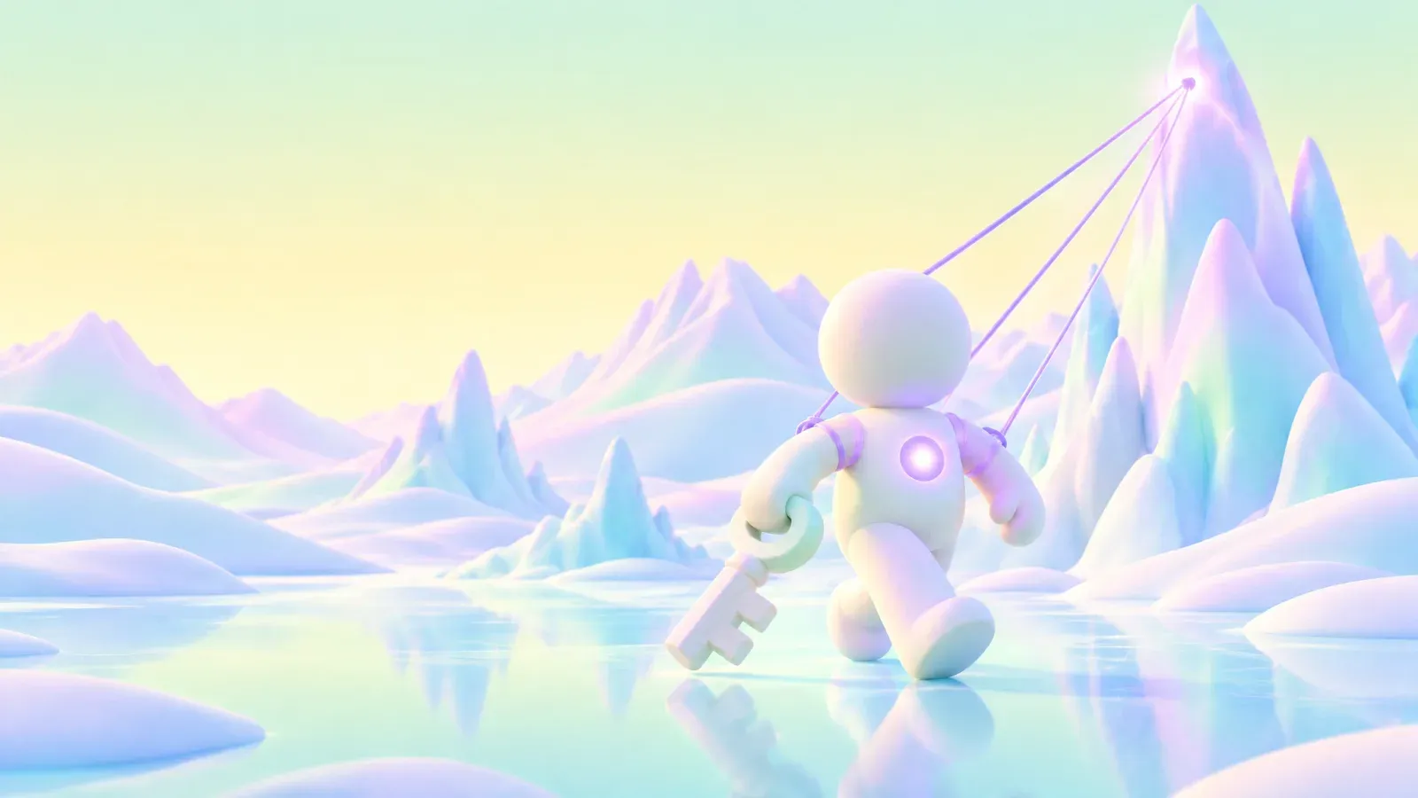 A figure carrying a key across an icy lake, lines running up to a mountain peak.