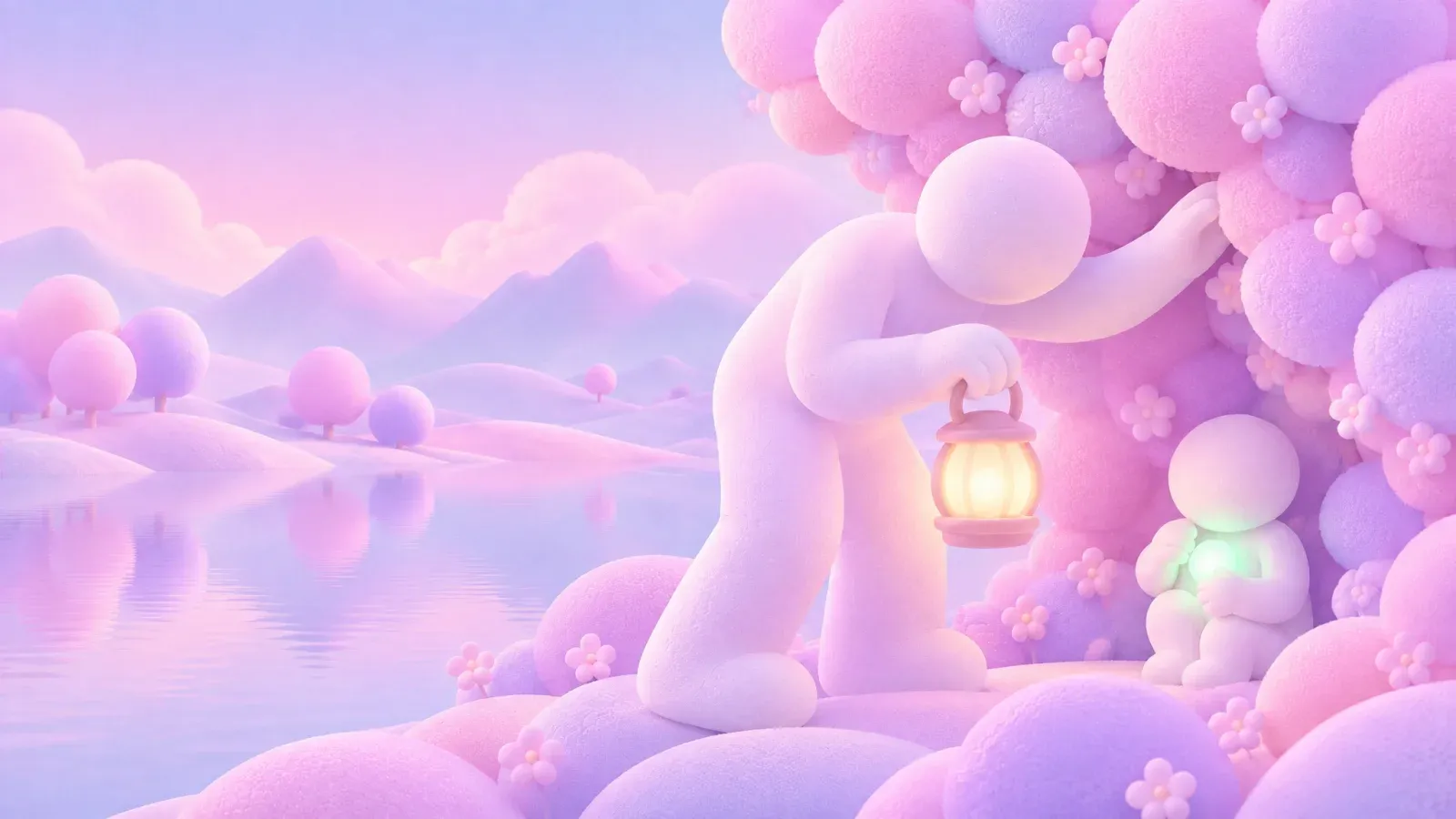 A figure holding a lantern up to a small figure hidden in a pink flowering tree.