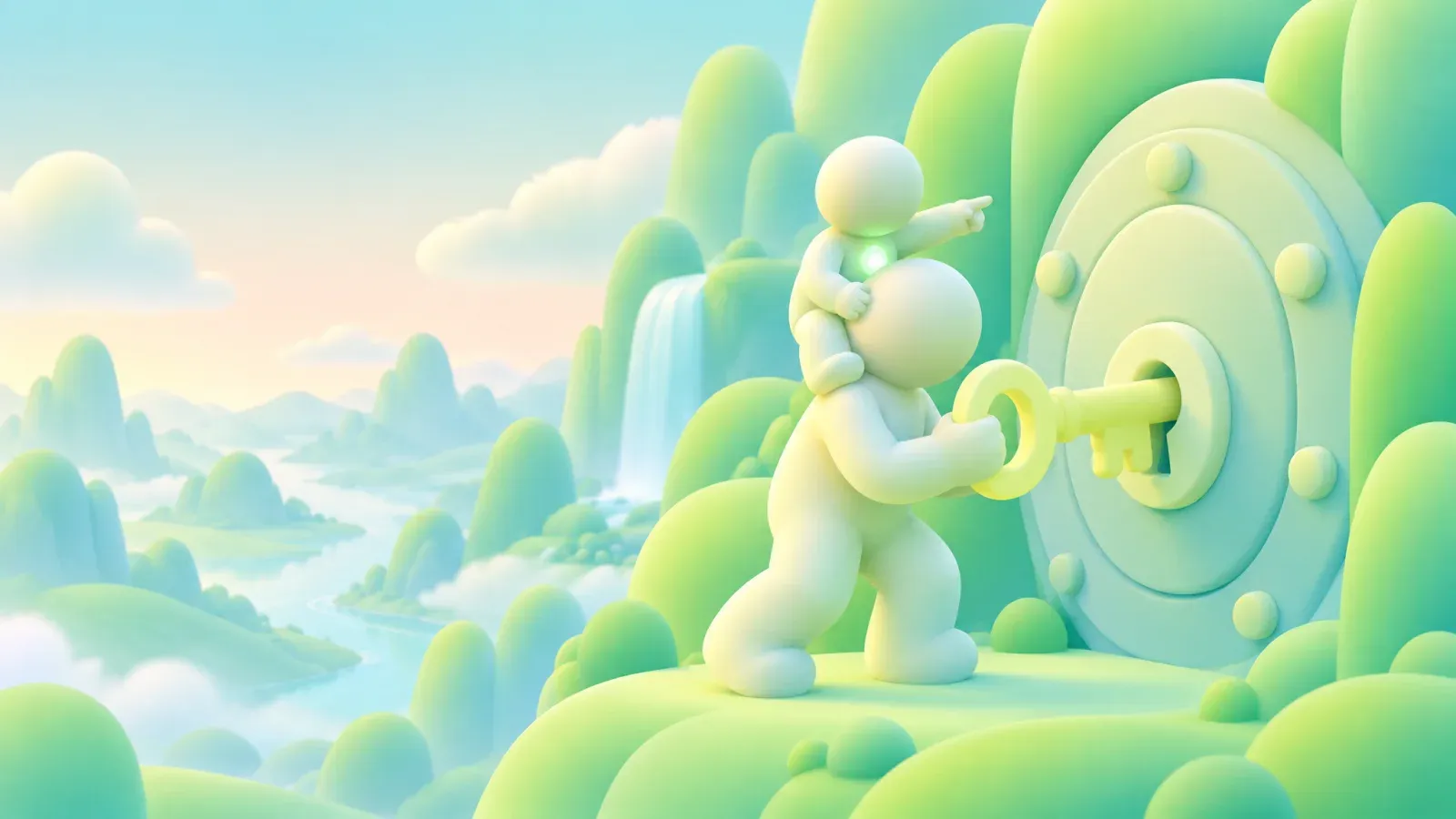 A figure turning a large key in a round vault door, a smaller figure on its shoulders, in green hills.