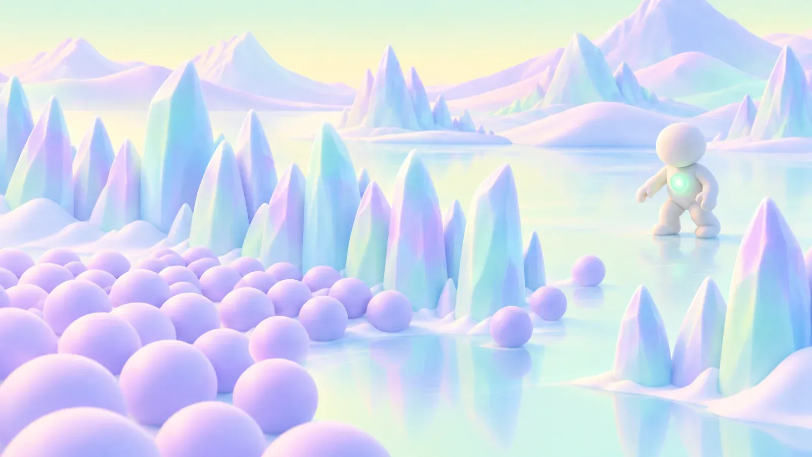 A figure walking among crystal spikes and lilac spheres beside an icy lake.
