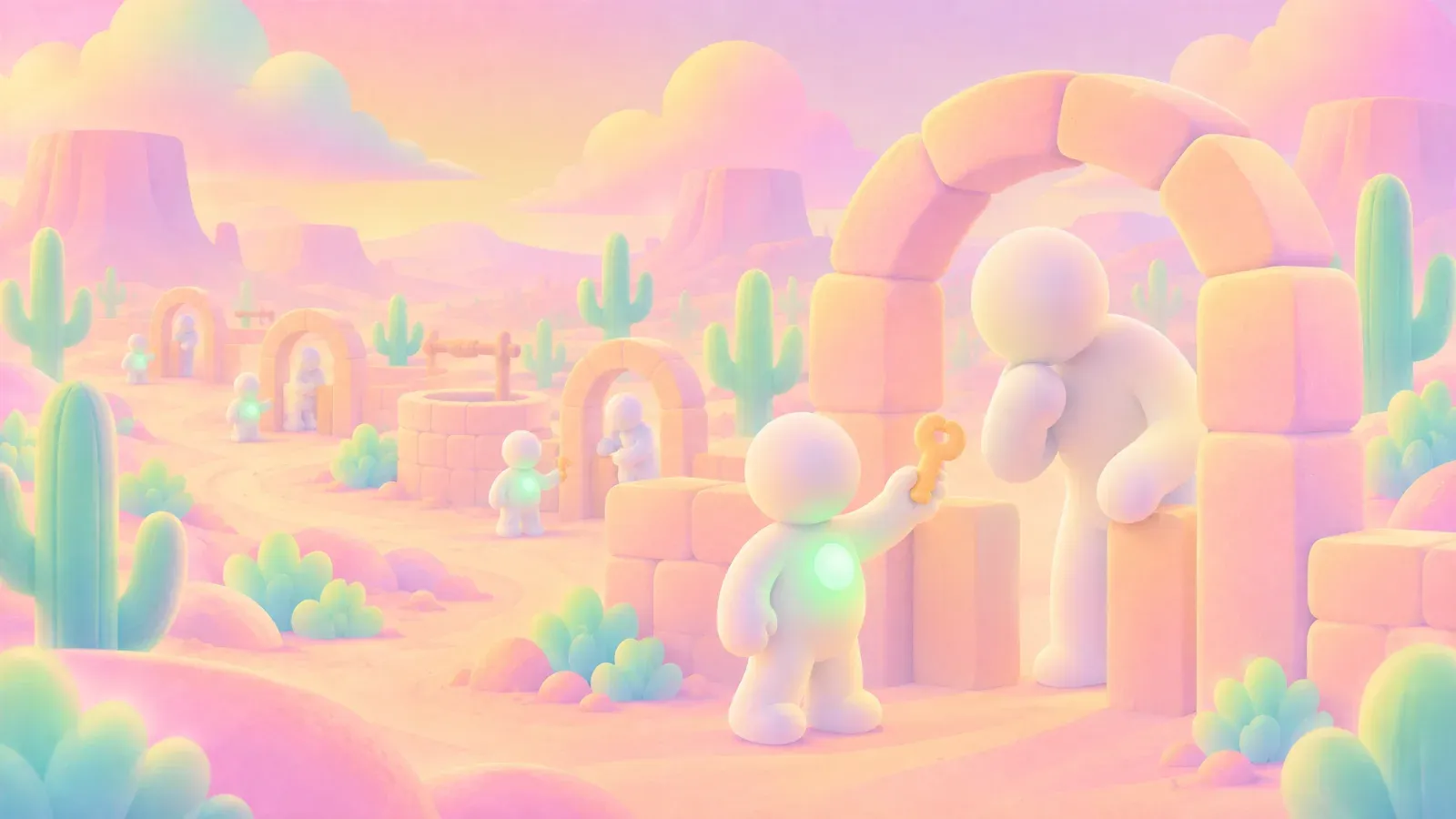 A figure with a key at a stone arch in a pink desert, another figure behind it.